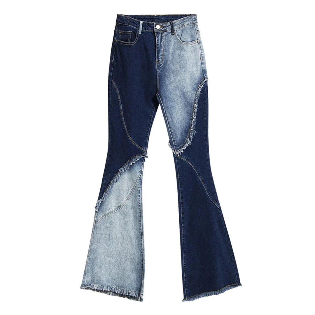 Geometric raw edge jeans with high-waisted, slimming design in blue denim