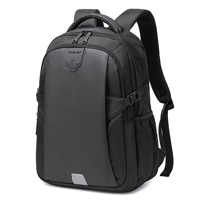 A sleek and stylish anti-theft backpack with a physiological curve back plate for comfortable carrying, made of waterproof and breathable polyester materials.