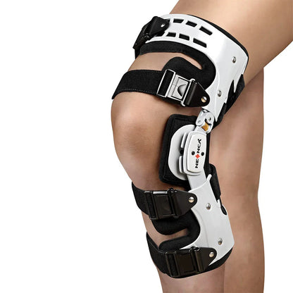 Adjustable knee brace with hinged stabilizer for enhanced recovery, featuring durable aluminum, breathable fabric, and customizable range of motion.