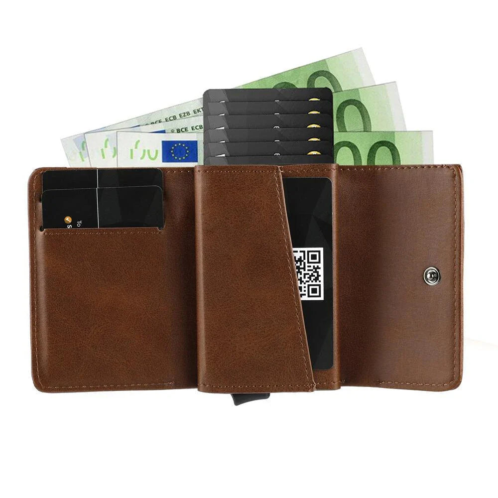 Stylish men's tri-fold wallet made of premium PU leather with magnetic buckle closure and multiple compartments for organization