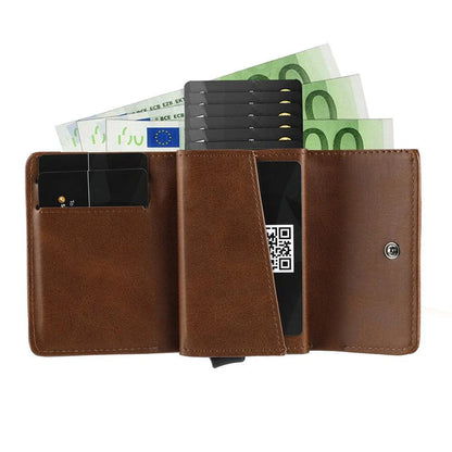 Stylish men's tri-fold wallet made of premium PU leather with magnetic buckle closure and multiple compartments for organization