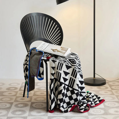 Cozy Geometric Cotton Blanket in Black and Gray with Vibrant Stripe Trim