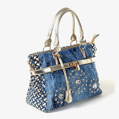 Silver diamond-studded denim messenger bag with adjustable strap and zippered main compartment