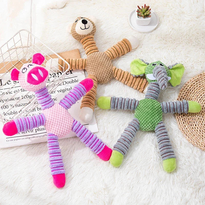 A high-quality plush pet toy with a squeaker, designed to be durable and promote dental health through interactive play.