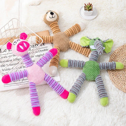 A high-quality plush pet toy with a squeaker, designed to be durable and promote dental health through interactive play.
