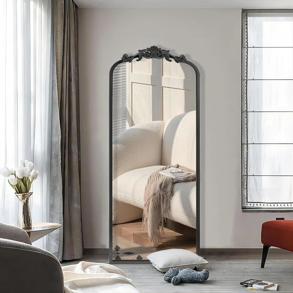 Elegant arch full-length wall mirror with a vintage-inspired ornate metal frame and high-definition glass for clear reflections