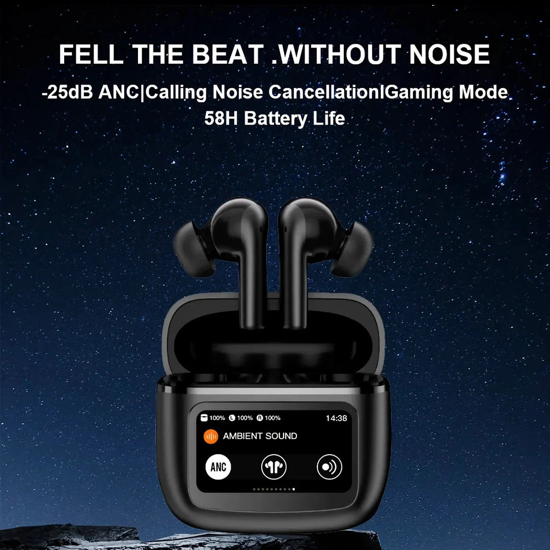 Advanced ANC wireless earphones with smart touchscreen charging case for seamless audio control
