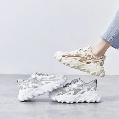 Premium white platform sneakers with thick soles, showcasing a trendy 'daddy shoe' style for comfortable and stylish everyday wear.