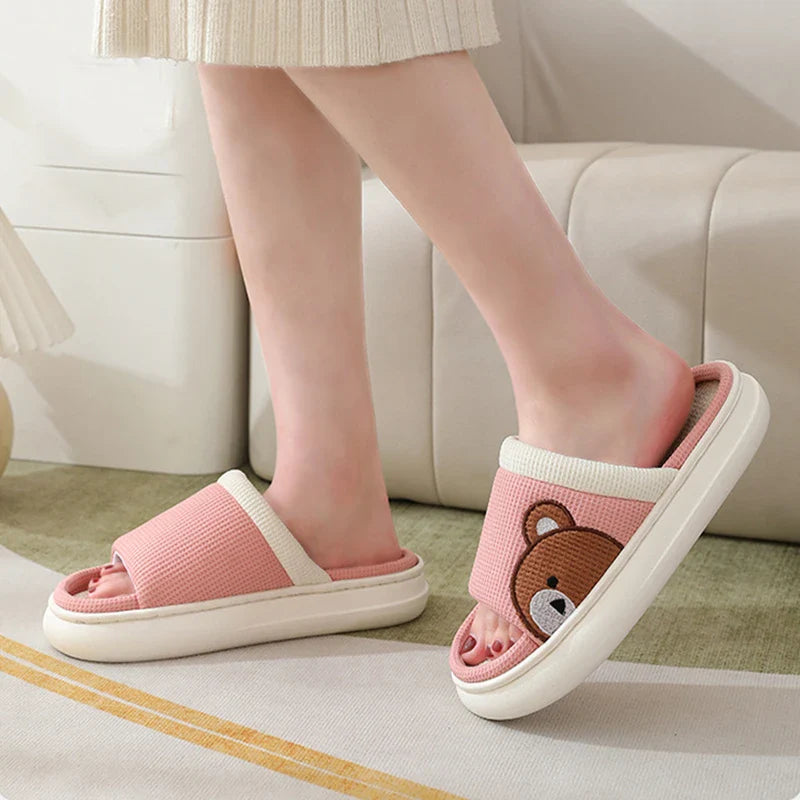 Cozy cartoon bear design linen slippers with non-slip, breathable sole for comfortable indoor wear