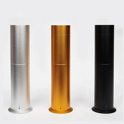 Elegant 120ml electric aroma diffuser with sleek metal design in black or silver, providing wide coverage and quiet operation for any space