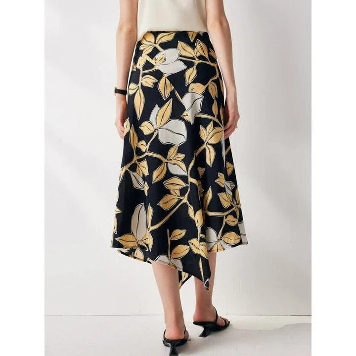 Elegant floral silk A-line skirt with mid-calf length and asymmetrical decoration for timeless style