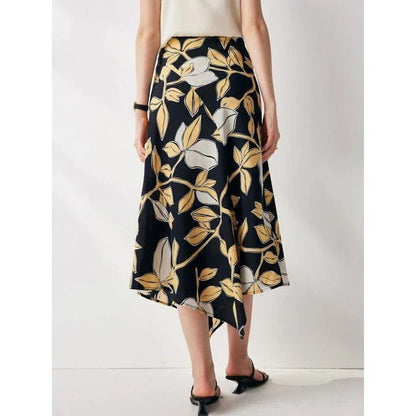 Elegant floral silk A-line skirt with mid-calf length and asymmetrical decoration for timeless style