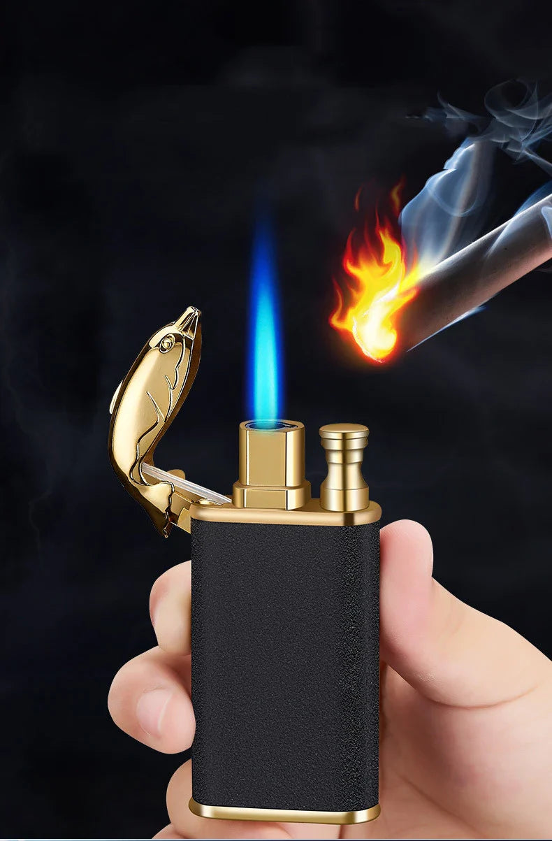 Multipurpose windproof lighter with a dragon or dolphin design, featuring a dual-flame and wind-resistant construction for versatile use.