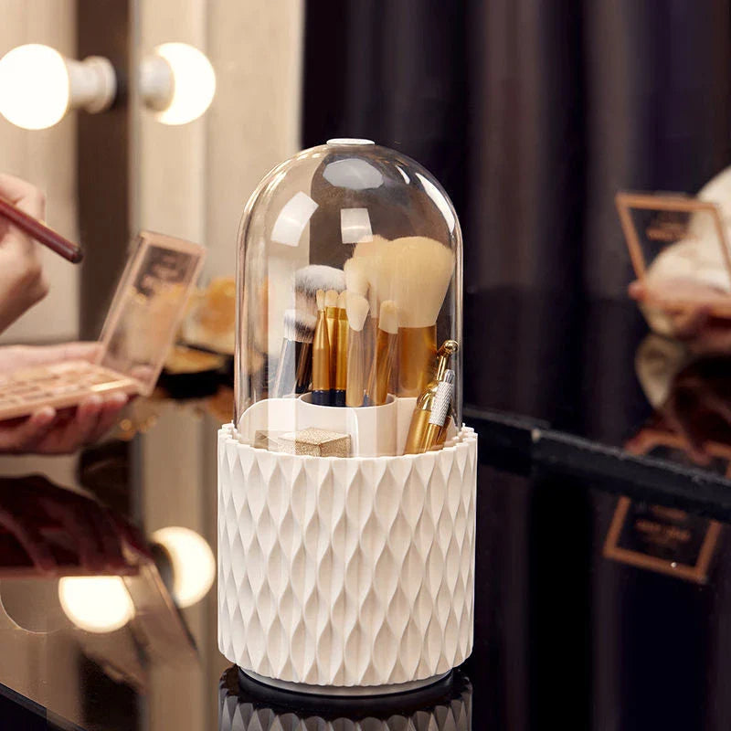 Deluxe 360-degree rotating makeup brush organizer box in white color, featuring a sleek and sophisticated design for efficient storage and organization of beauty tools.