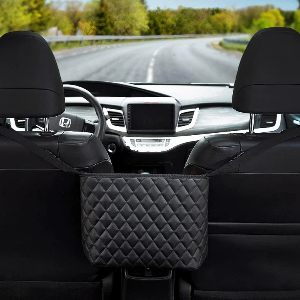 Quilted polyurethane leather car storage bag with adjustable straps for securing to front headrests