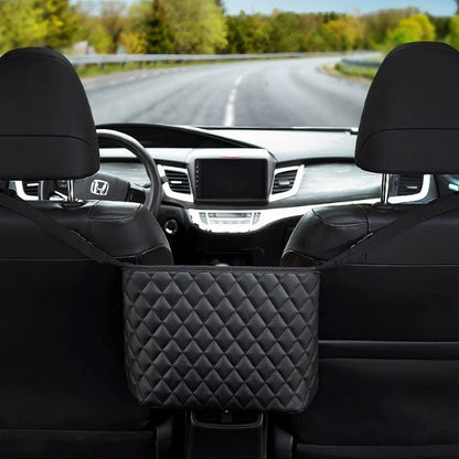 Quilted polyurethane leather car storage bag with adjustable straps for securing to front headrests