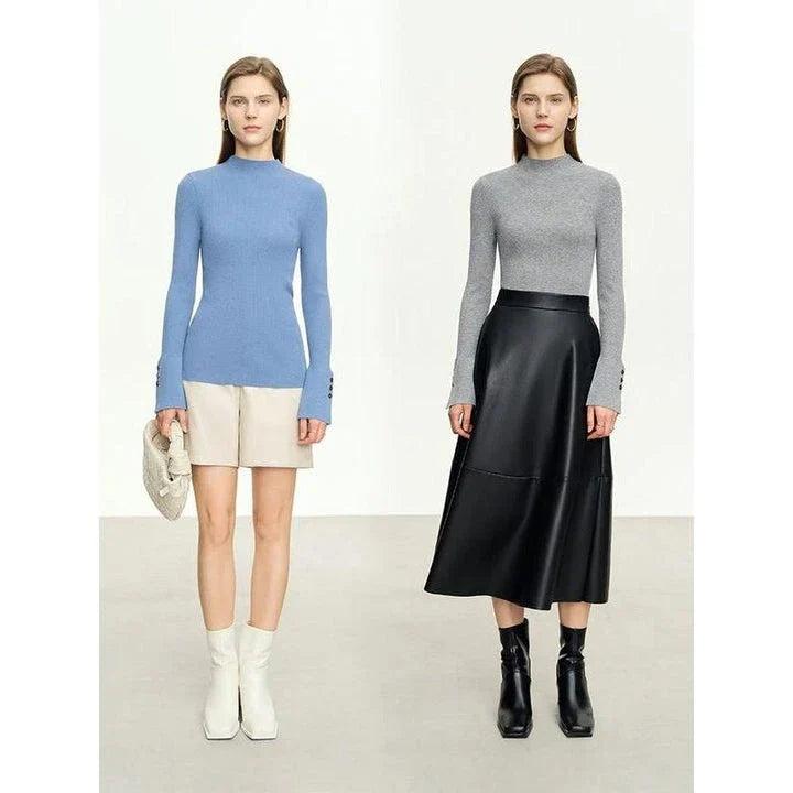 Autumn Elegance Mock Neck Women's Slim Pullover in blue, featuring a sophisticated mock neck design and a sleek, tailored fit.