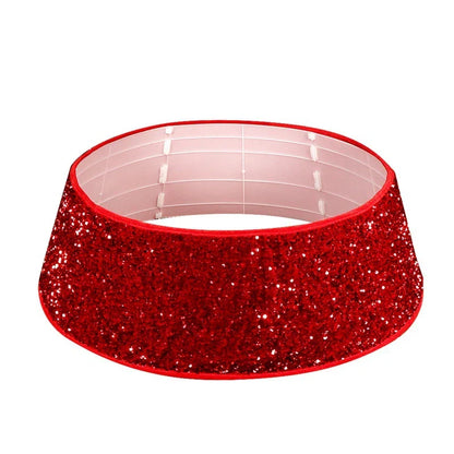 Premium red sequin Christmas tree skirt with vibrant color and shimmering design, perfect for festive holiday decor
