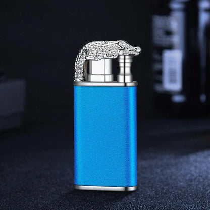 Multipurpose windproof lighter with a dragon or dolphin design, featuring a dual-flame and wind-resistant construction for versatile use.