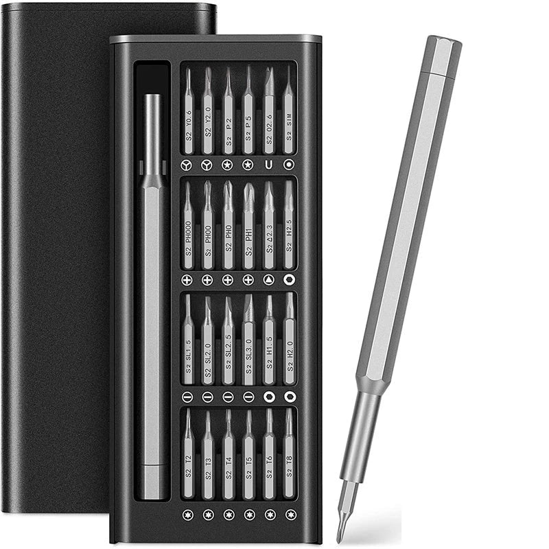 A 24-in-1 magnetic precision screwdriver set with an ergonomic handle and 24 hardened S2 tool steel bits for versatile DIY repairs