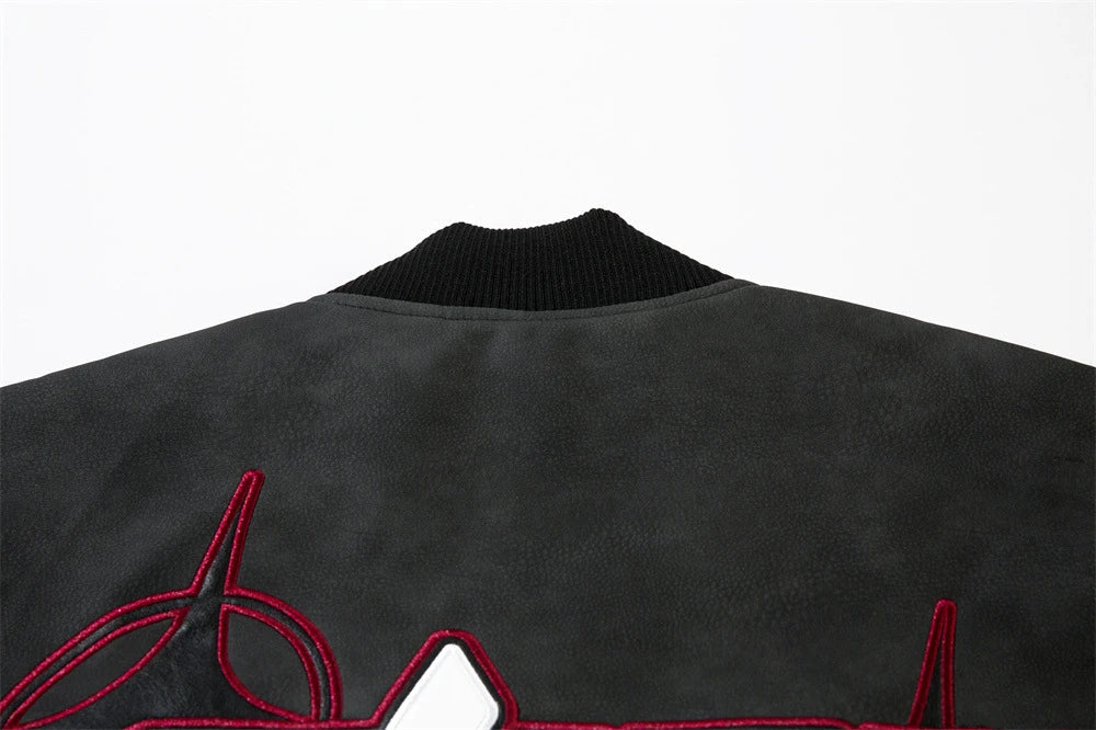 Fashionable Loose PU Leather Jacket with Star Embroidery Design in Black and Gray Green Colors