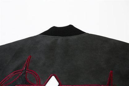 Fashionable Loose PU Leather Jacket with Star Embroidery Design in Black and Gray Green Colors