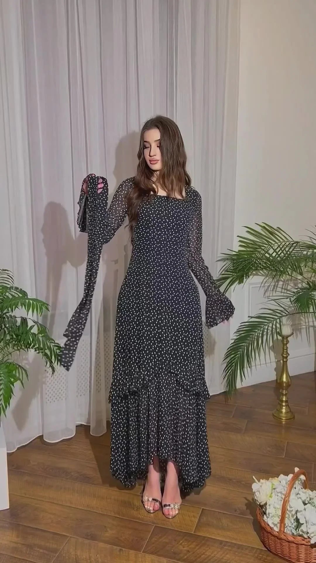 Elegant chiffon polka dot dress with flattering lotus leaf sleeves