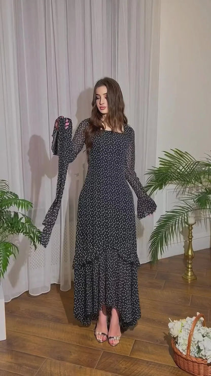Elegant chiffon polka dot dress with flattering lotus leaf sleeves