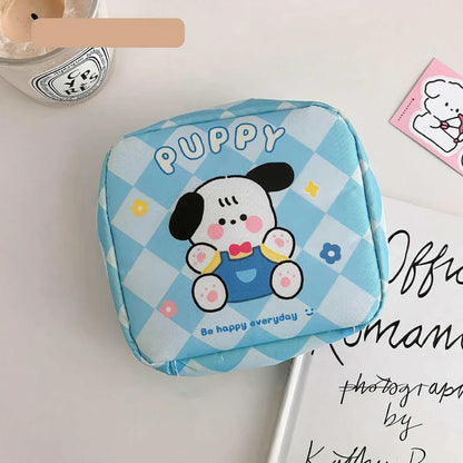 Adorable cartoon nylon cosmetic bag with secure zipper closure and compact, box-shaped design
