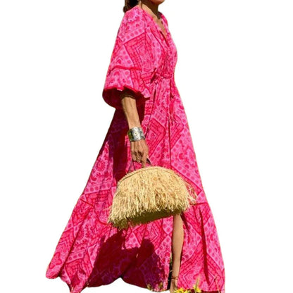 A vibrant red Bohemian-style dress with a geometric print pattern, featuring a mid-length, flattering silhouette and stretchy, comfortable Spandex fabric