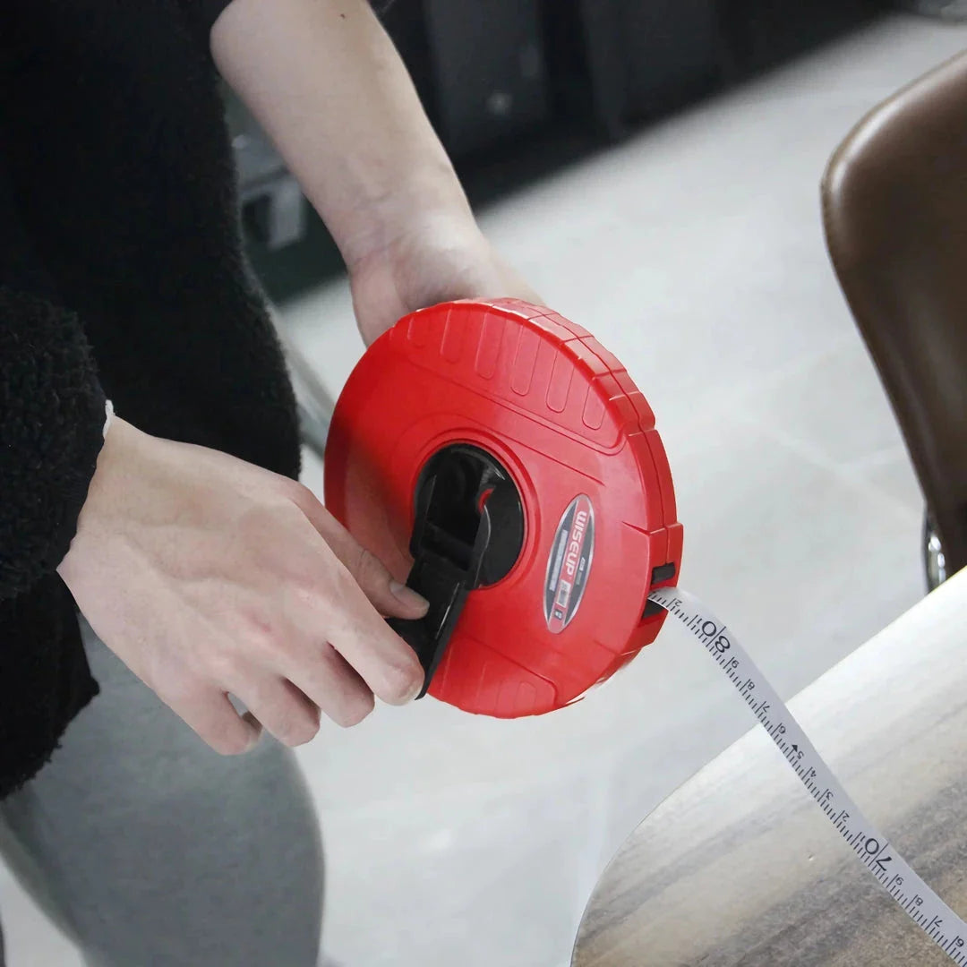 Heavy-duty fiberglass tape measure with double-sided printing and smooth manual crank for precise measurements in woodworking and construction projects
