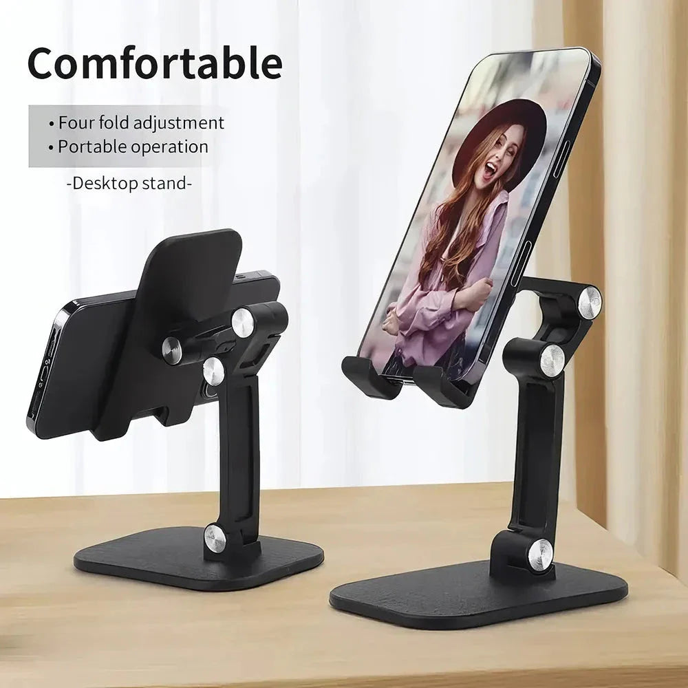 Adjustable and foldable desk phone holder with three-section design, providing hands-free convenience for mobile devices