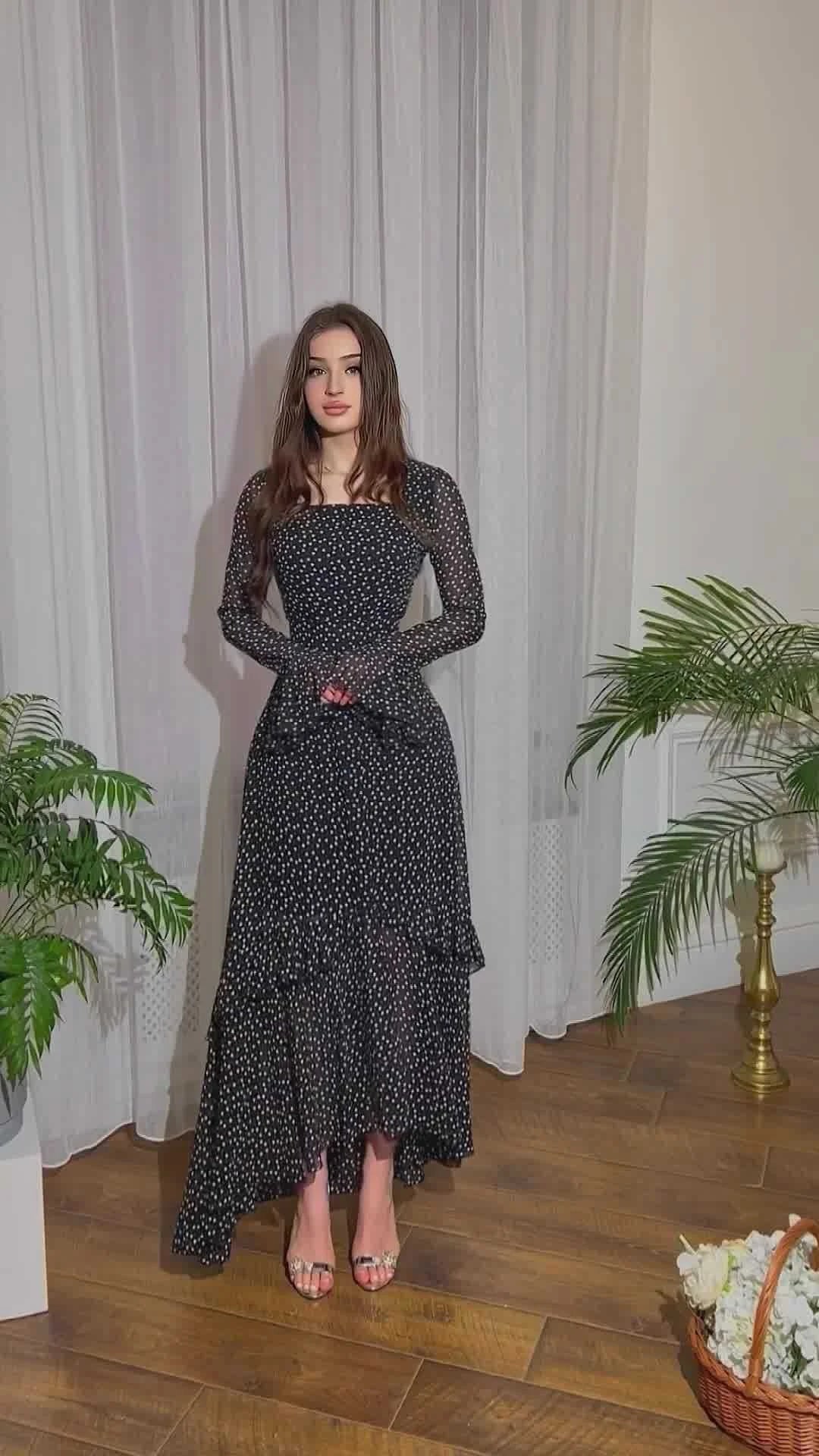 Elegant chiffon polka dot dress with flattering lotus leaf sleeves