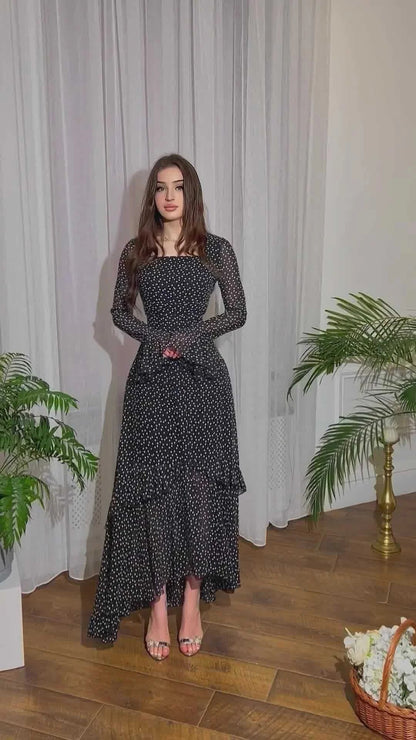 Elegant chiffon polka dot dress with flattering lotus leaf sleeves
