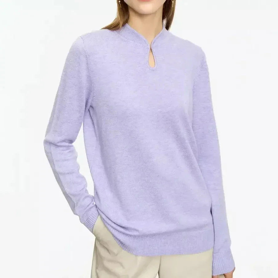 Chic Minimalist U-Collar Long Sleeve Pullover in Green and Purple colors, featuring a unique design and cozy blend of materials.