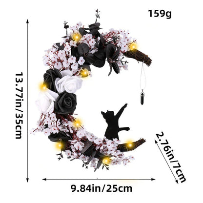 Halloween White Flower Black Rose Dried Wood Moon Cat Garland Ornaments