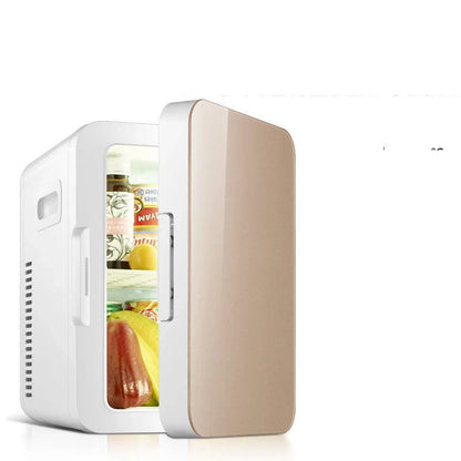 Compact 8L dual-purpose car and home refrigerator in white color, designed for use in bedrooms, dorms, and during travel