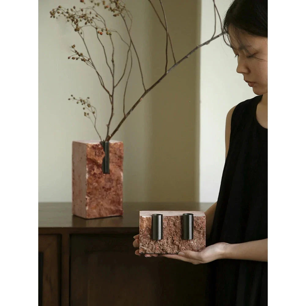 Elegant minimalist red travertine vase with natural stone texture and European-inspired design, perfect for rustic home decor