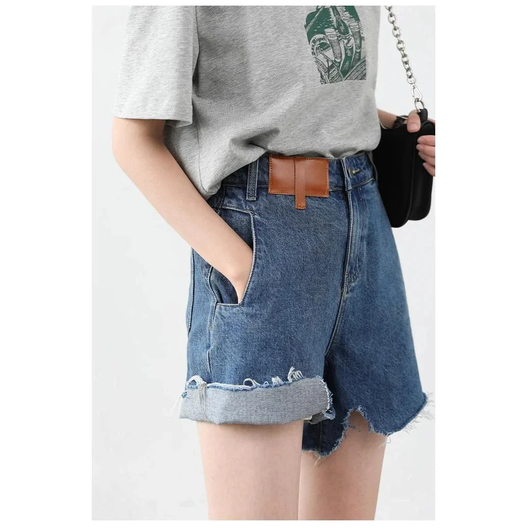 Women's Retro Blue High-Waisted Denim Shorts with Irregularly Cut Design and Cuff Details
