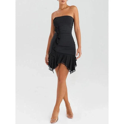 Elegant strapless ruffled mini dress in black featuring a bodycon silhouette and backless design for a chic, glamorous look.