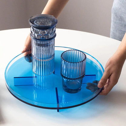 Elegant Nordic Acrylic Round Tray in blue color, perfect for serving drinks, desserts, and home decor