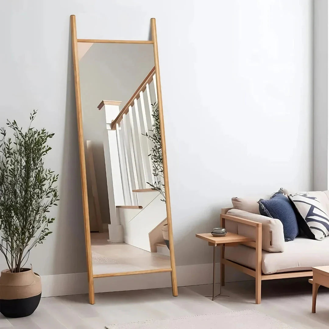 Elegant full-length mirror with solid wood frame and shatterproof glass, suitable for wall-mounting or leaning against a surface