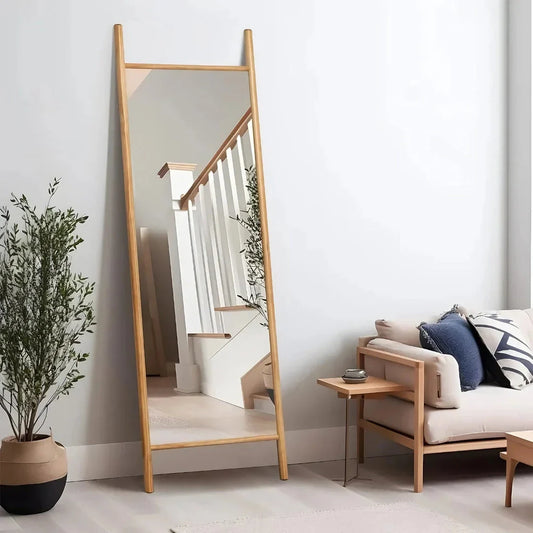 Elegant full-length mirror with solid wood frame and shatterproof glass, suitable for wall-mounting or leaning against a surface