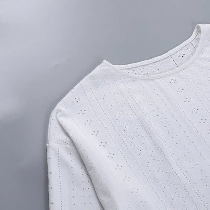 Trendha Women's Long Sleeve Pullover Top and Shorts Set in White, featuring a chic hollow-out design and flattering slim fit