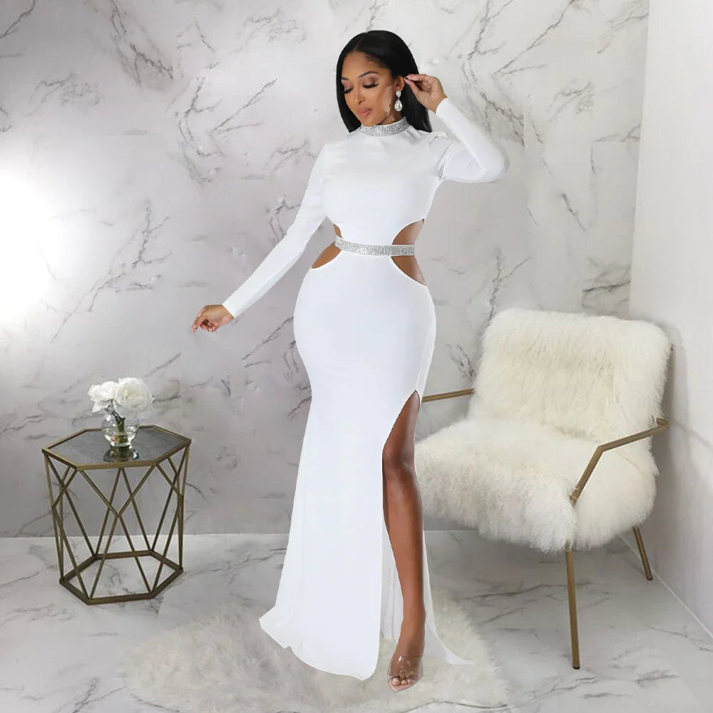 Stylish and flattering waist-accentuating split dress in solid colors, made from premium polyester fabric for comfort and versatility.