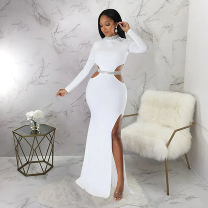 Stylish and flattering waist-accentuating split dress in solid colors, made from premium polyester fabric for comfort and versatility.