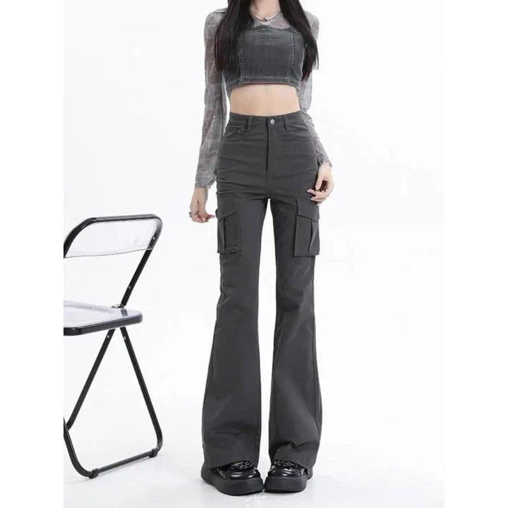Stylish high-waist slim cargo jeans for modern American women, featuring a sleek silhouette and practical design