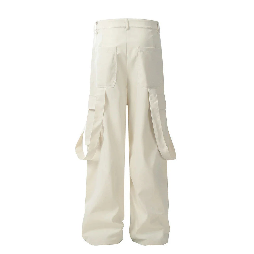 Premium pleated overalls for men with ribbon pockets, available in black and apricot colors, sizes S-XL