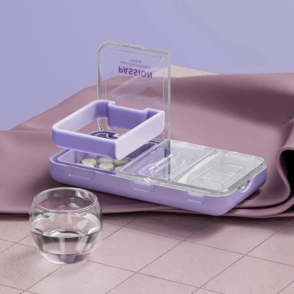 A versatile 3-in-1 pill cutter, crusher, and storage device with a sharp stainless steel blade, anti-slip silicone pad, and moisture-proof storage compartment for seamless medication management.