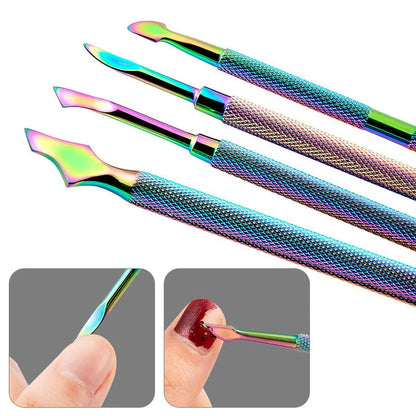 Premium stainless steel chameleon rainbow dual-ended cuticle pusher for salon-quality nail care at home